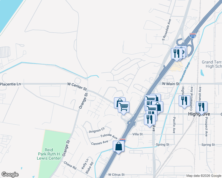 map of restaurants, bars, coffee shops, grocery stores, and more near 264 Mont Martre Avenue in Riverside