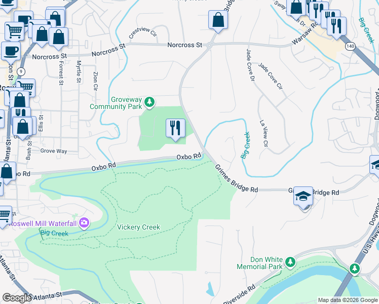 map of restaurants, bars, coffee shops, grocery stores, and more near 600 Oxbo Road in Roswell