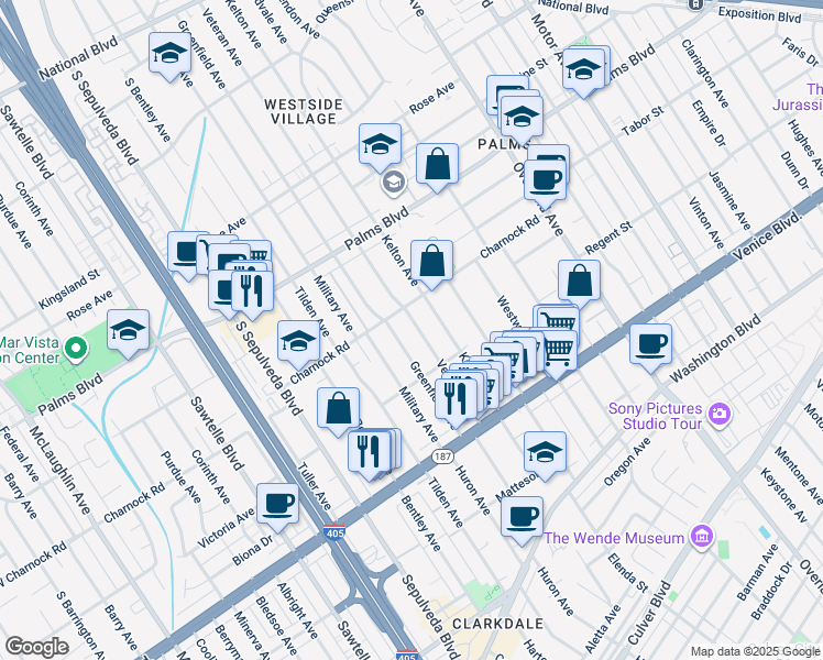 map of restaurants, bars, coffee shops, grocery stores, and more near 3627 Veteran Avenue in Los Angeles