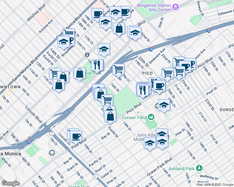map of restaurants, bars, coffee shops, grocery stores, and more near 1848 16th St in Santa Monica