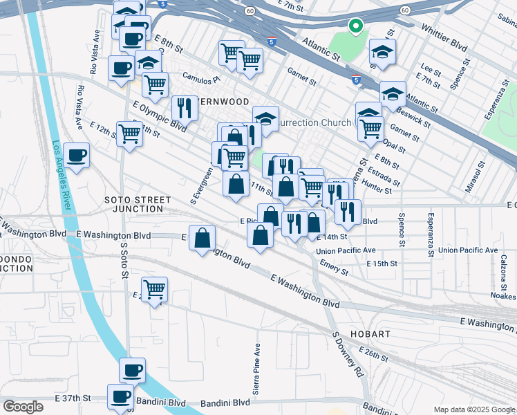 map of restaurants, bars, coffee shops, grocery stores, and more near 3141 East 12th Street in Los Angeles
