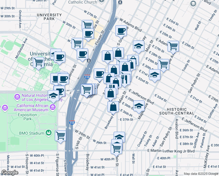 map of restaurants, bars, coffee shops, grocery stores, and more near 3430 South Hill Street in Los Angeles
