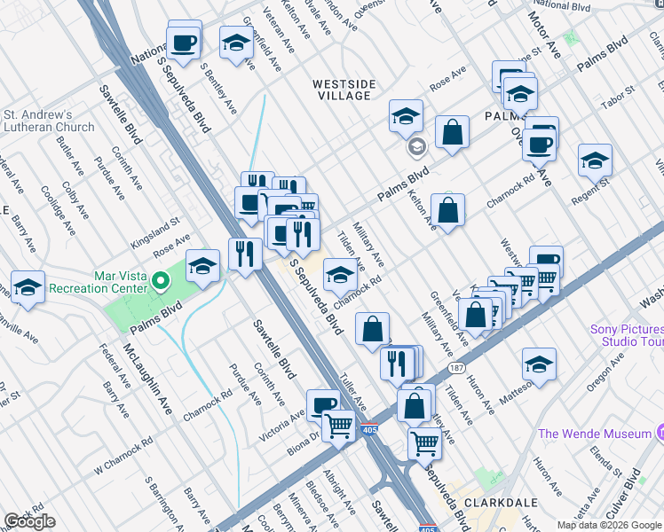 map of restaurants, bars, coffee shops, grocery stores, and more near 3545 South Bentley Avenue in Los Angeles