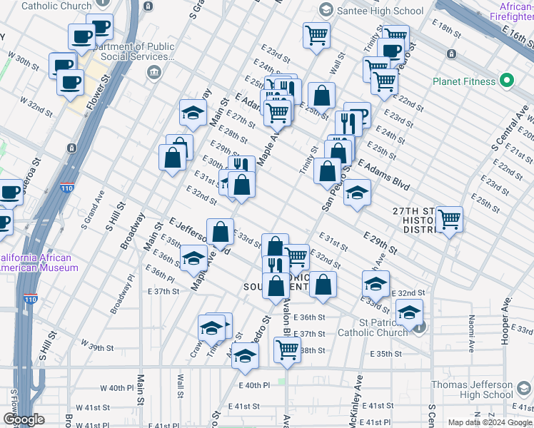 map of restaurants, bars, coffee shops, grocery stores, and more near 444 East 31st Street in Los Angeles
