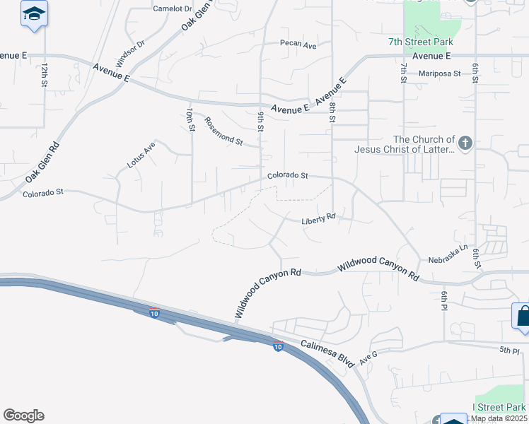 map of restaurants, bars, coffee shops, grocery stores, and more near 33513 Liberty Road in Yucaipa