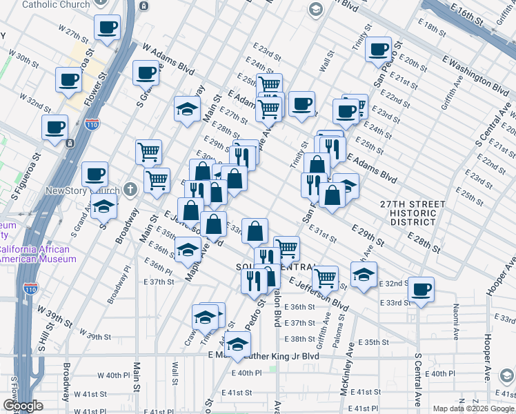 map of restaurants, bars, coffee shops, grocery stores, and more near 444 East 31st Street in Los Angeles