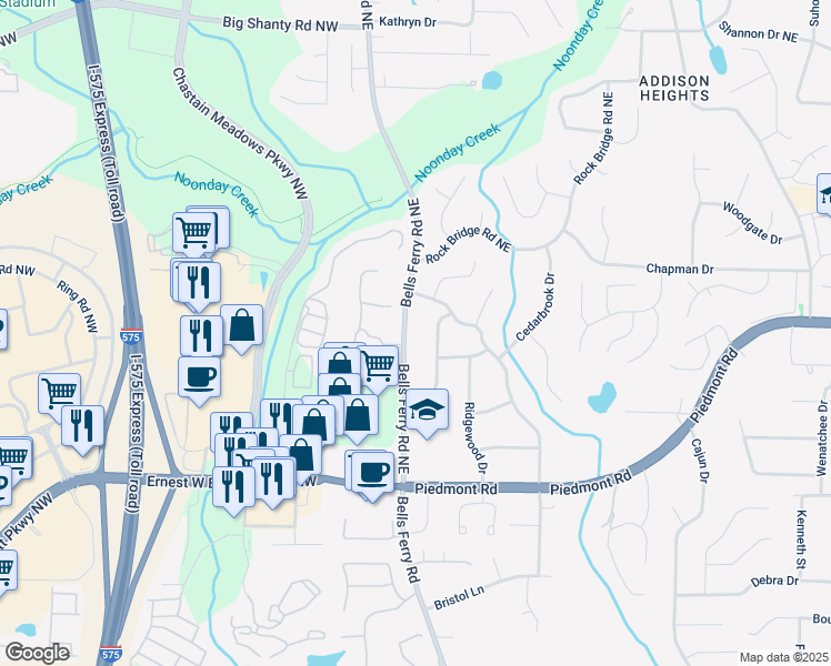 map of restaurants, bars, coffee shops, grocery stores, and more near 2791 Fern Valley Road in Marietta