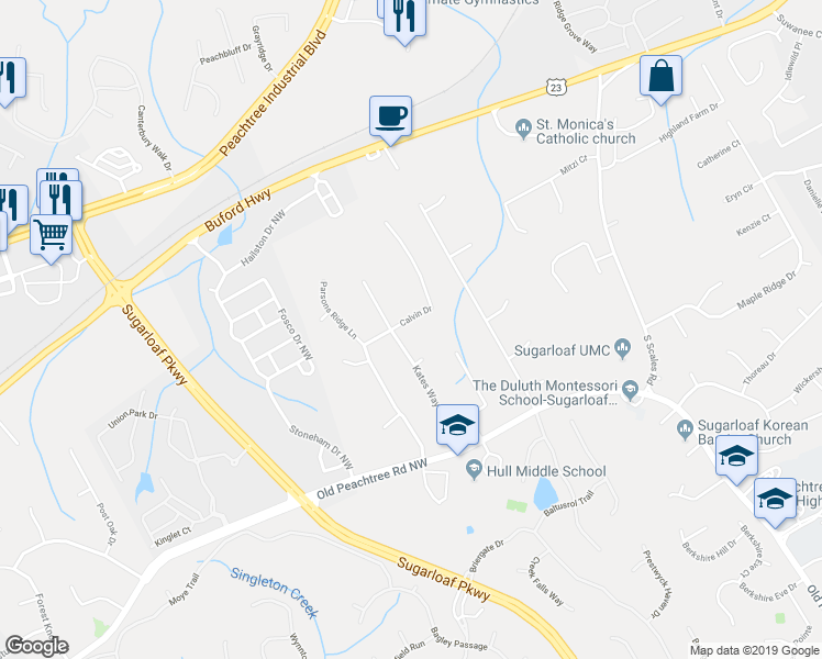 map of restaurants, bars, coffee shops, grocery stores, and more near 1960 Calvin Drive in Duluth