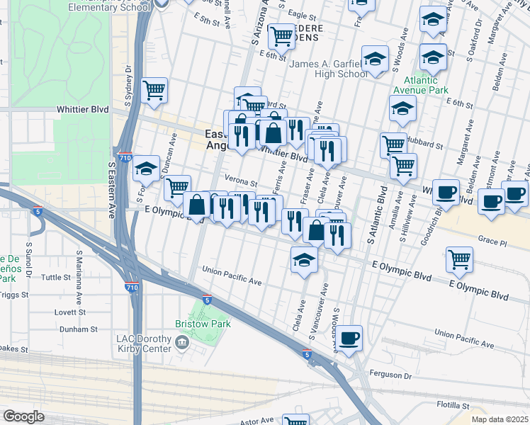 map of restaurants, bars, coffee shops, grocery stores, and more near 1109 South Ferris Avenue in East Los Angeles