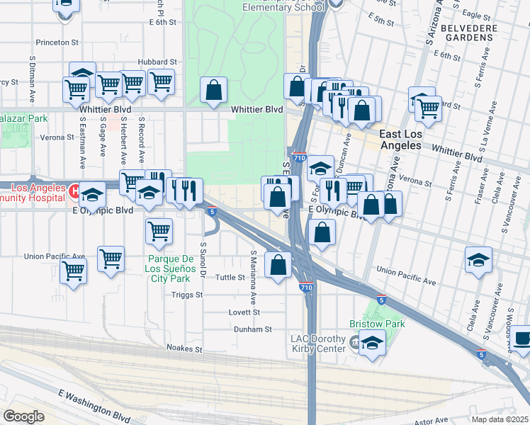 map of restaurants, bars, coffee shops, grocery stores, and more near in East Los Angeles