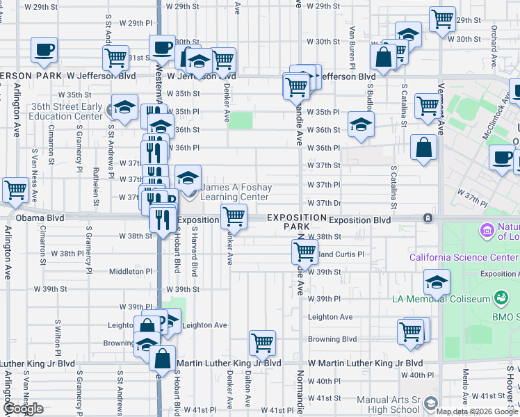 map of restaurants, bars, coffee shops, grocery stores, and more near 1351 Exposition Boulevard in Los Angeles