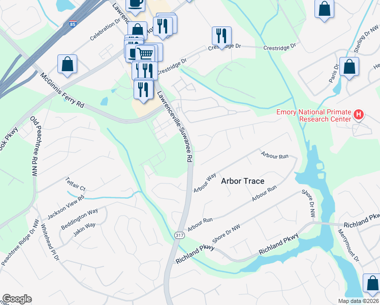 map of restaurants, bars, coffee shops, grocery stores, and more near 2576 Lawrenceville-Suwanee Road in Suwanee