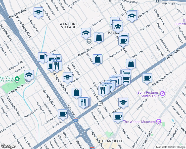 map of restaurants, bars, coffee shops, grocery stores, and more near 3627 Veteran Avenue in Los Angeles