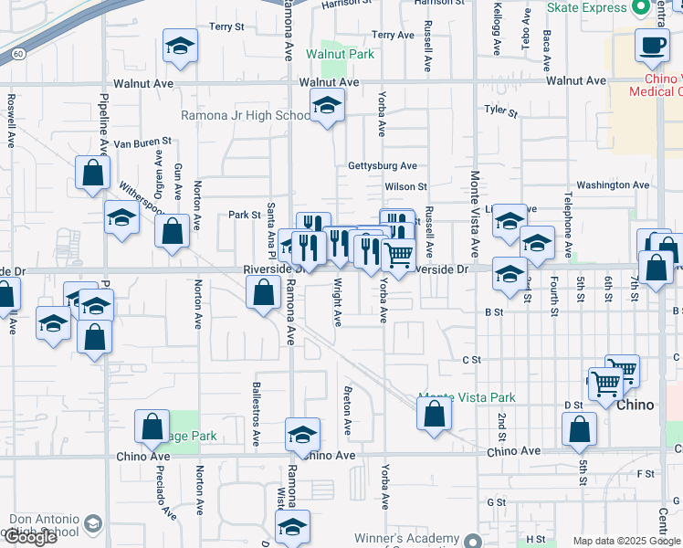 map of restaurants, bars, coffee shops, grocery stores, and more near 4559 Riverside Drive in Chino