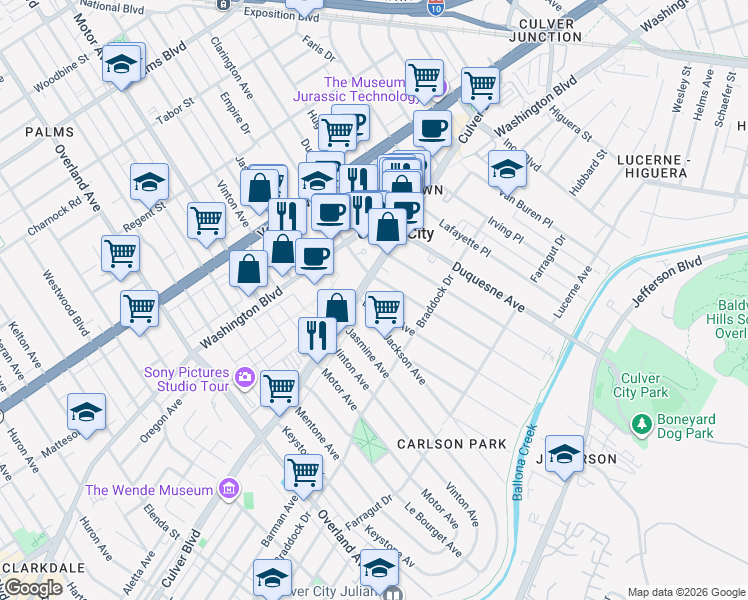 map of restaurants, bars, coffee shops, grocery stores, and more near 4017 La Salle Avenue in Culver City