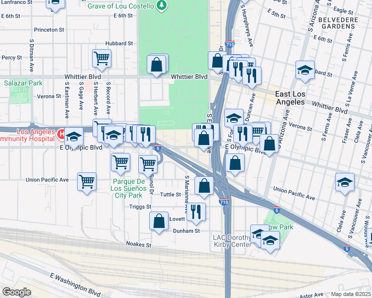 map of restaurants, bars, coffee shops, grocery stores, and more near 1237 South Marianna Avenue in Los Angeles