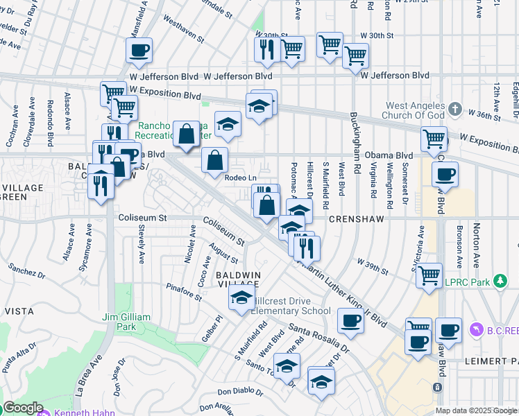 map of restaurants, bars, coffee shops, grocery stores, and more near 4565 West Martin Luther King in Los Angeles