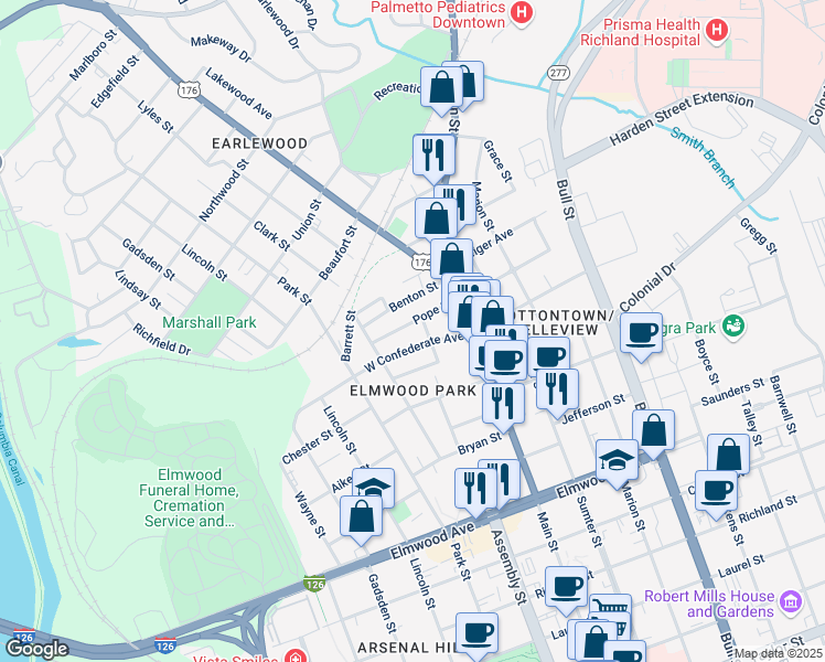 map of restaurants, bars, coffee shops, grocery stores, and more near 1027 Confederate Avenue in Columbia