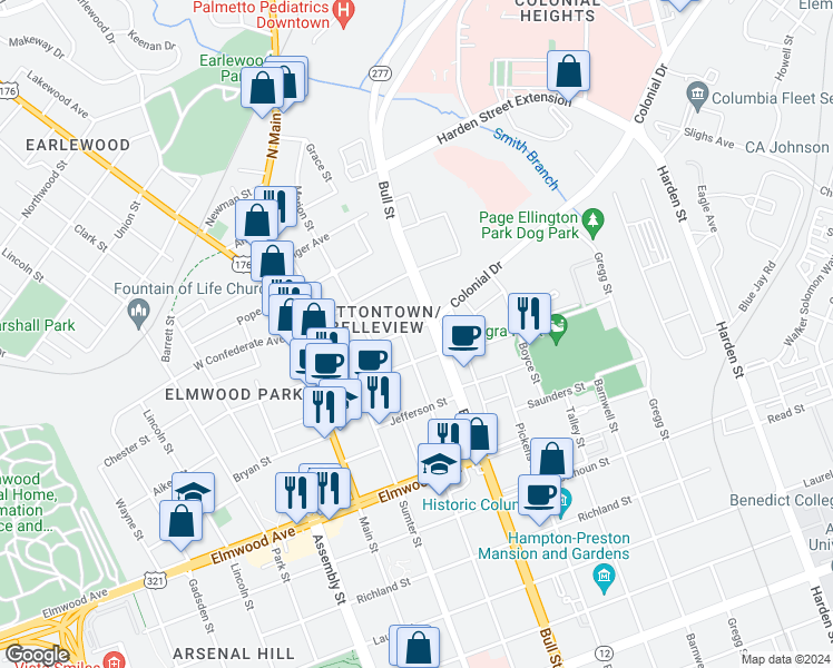 map of restaurants, bars, coffee shops, grocery stores, and more near 1418 Victoria Street in Columbia