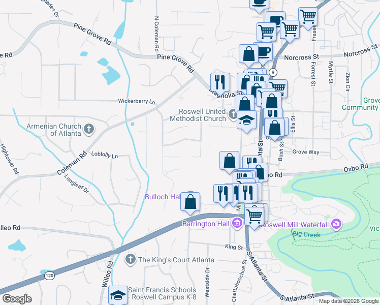 map of restaurants, bars, coffee shops, grocery stores, and more near 555 Roswell Farms Road in Roswell