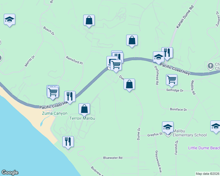 map of restaurants, bars, coffee shops, grocery stores, and more near 6509 Wandermere Road in Malibu