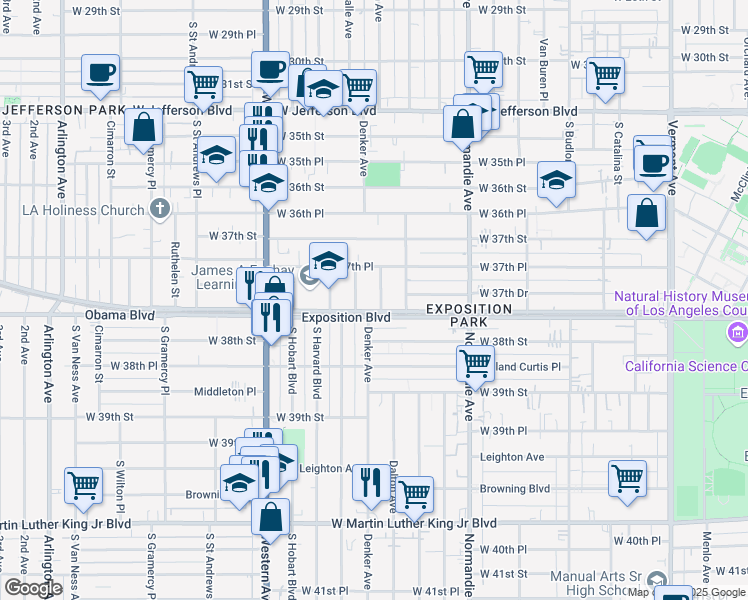 map of restaurants, bars, coffee shops, grocery stores, and more near 3761 Dalton Avenue in Los Angeles