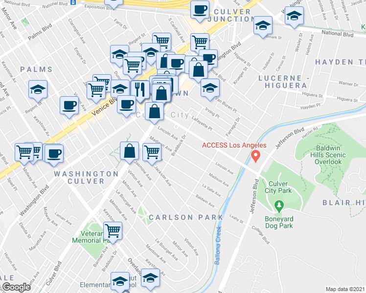 map of restaurants, bars, coffee shops, grocery stores, and more near 4113 Lincoln Avenue in Culver City