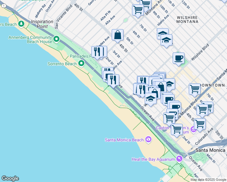 map of restaurants, bars, coffee shops, grocery stores, and more near 966 Palisades Beach Road in Santa Monica