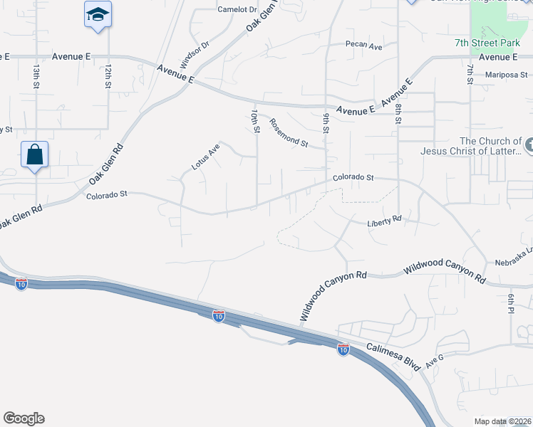 map of restaurants, bars, coffee shops, grocery stores, and more near 33345 Wildwood Canyon Road in Yucaipa