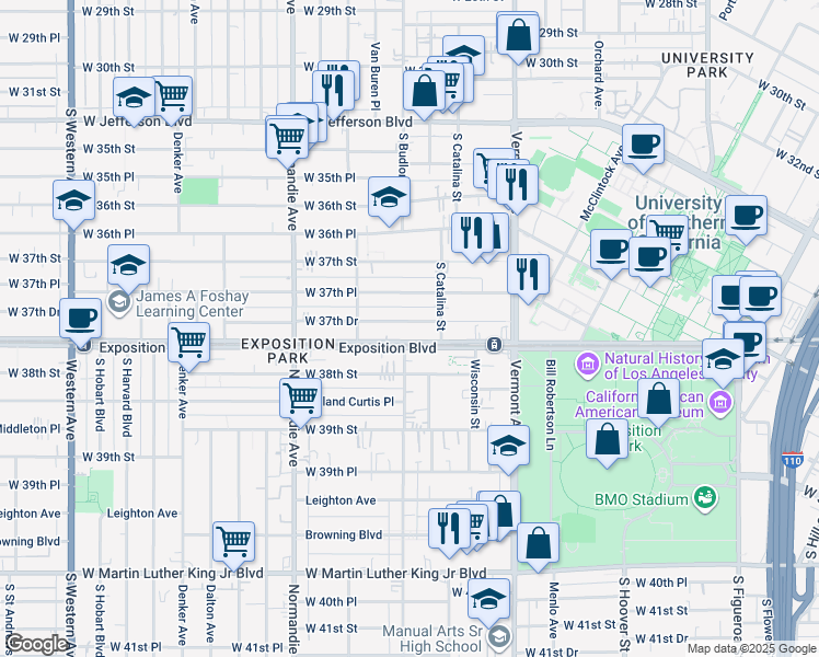 map of restaurants, bars, coffee shops, grocery stores, and more near 1141 Exposition Boulevard in Los Angeles