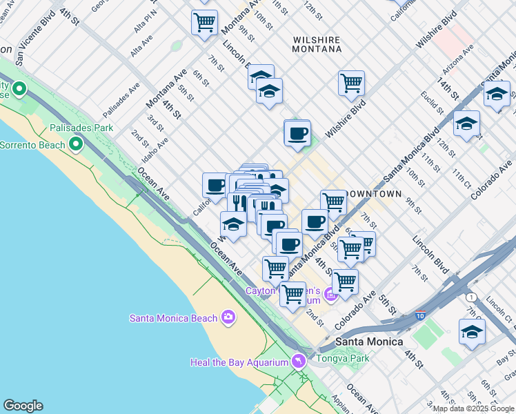 map of restaurants, bars, coffee shops, grocery stores, and more near 326 Wilshire Boulevard in Santa Monica