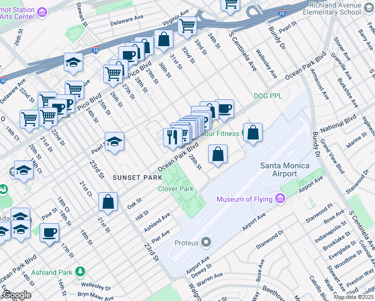 map of restaurants, bars, coffee shops, grocery stores, and more near Ocean Park Boulevard & 28th Street in Santa Monica
