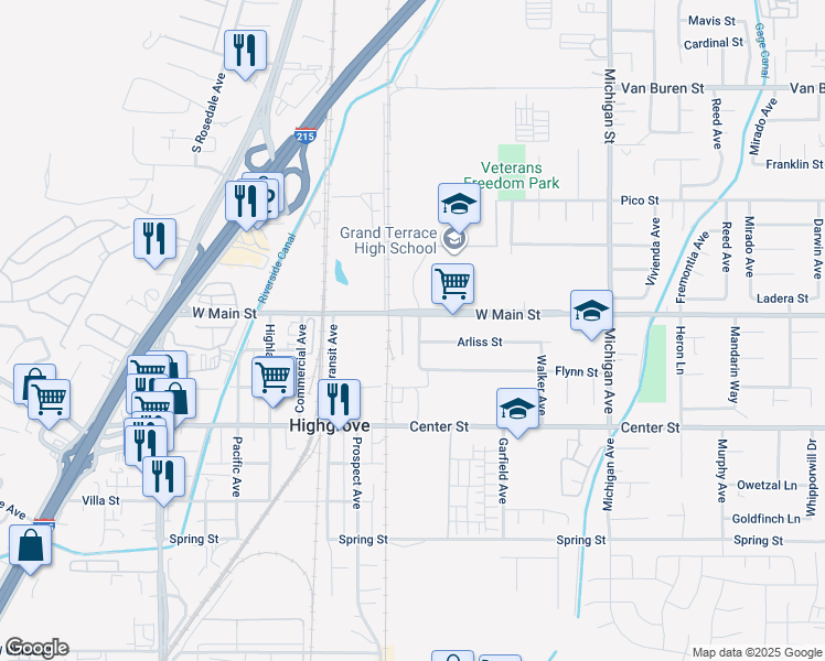 map of restaurants, bars, coffee shops, grocery stores, and more near 87 Sanrive Avenue in Riverside