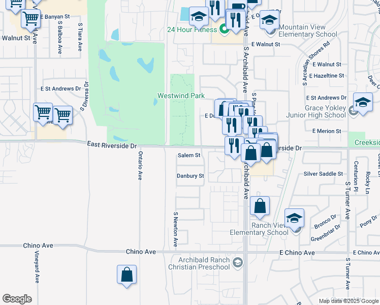 map of restaurants, bars, coffee shops, grocery stores, and more near 2452 Salem Street in Ontario