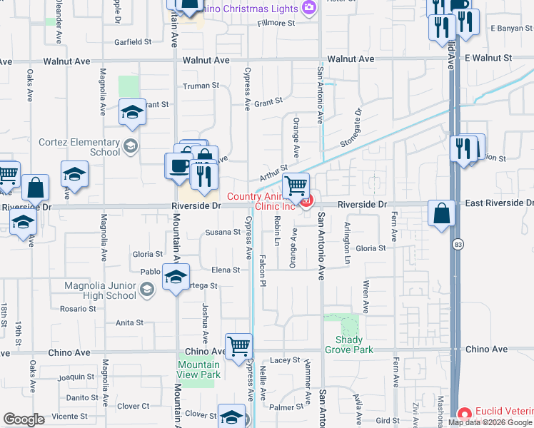 map of restaurants, bars, coffee shops, grocery stores, and more near 12946 Robin Lane in Chino