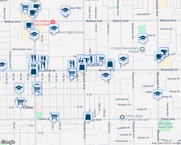 map of restaurants, bars, coffee shops, grocery stores, and more near 5775 Riverside Drive in Chino