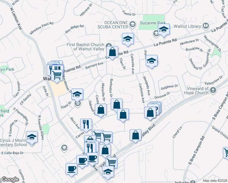 map of restaurants, bars, coffee shops, grocery stores, and more near 238 Barbados Drive in Walnut