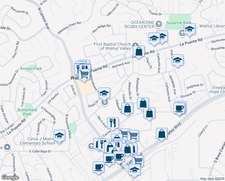 map of restaurants, bars, coffee shops, grocery stores, and more near 20302 Julliard Drive in Walnut