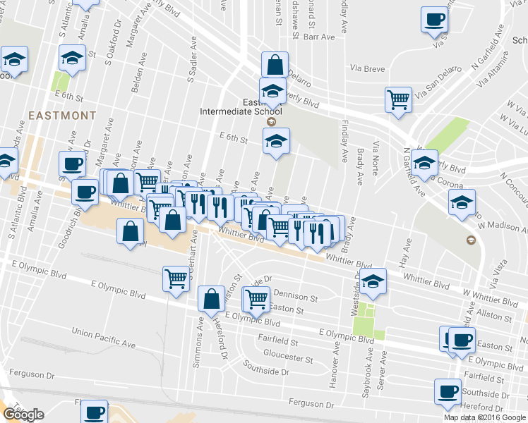map of restaurants, bars, coffee shops, grocery stores, and more near 743 Leonard Avenue in East Los Angeles