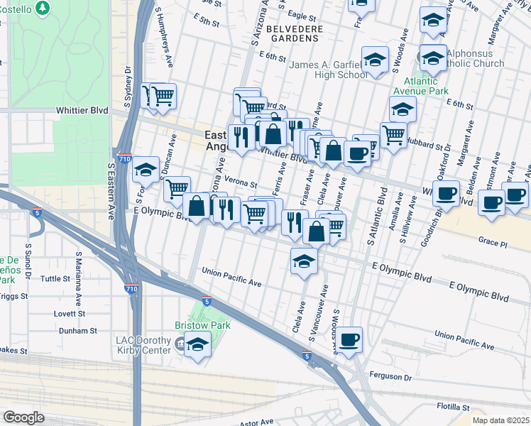 map of restaurants, bars, coffee shops, grocery stores, and more near 1116 South Ferris Avenue in East Los Angeles