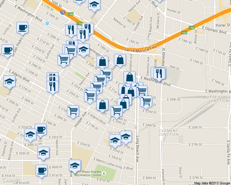 map of restaurants, bars, coffee shops, grocery stores, and more near 1547 East 22nd Street in Los Angeles