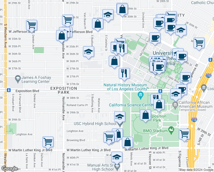 map of restaurants, bars, coffee shops, grocery stores, and more near 1043 West Exposition Boulevard in Los Angeles