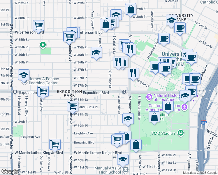 map of restaurants, bars, coffee shops, grocery stores, and more near 1205 West 37th Drive in Los Angeles