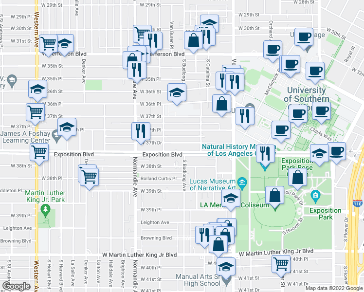 map of restaurants, bars, coffee shops, grocery stores, and more near 1141 Exposition Boulevard in Los Angeles