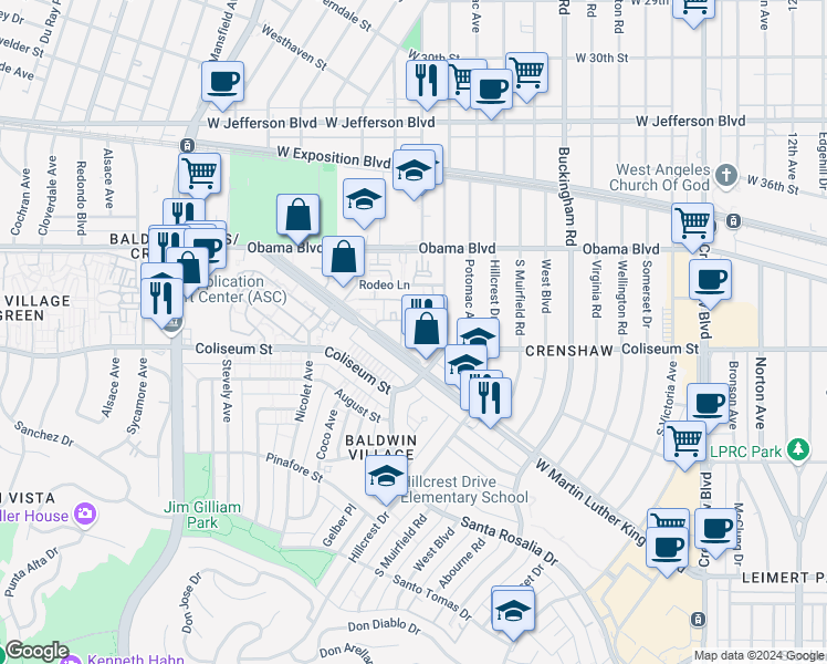 map of restaurants, bars, coffee shops, grocery stores, and more near 4565 West Martin Luther King in Los Angeles