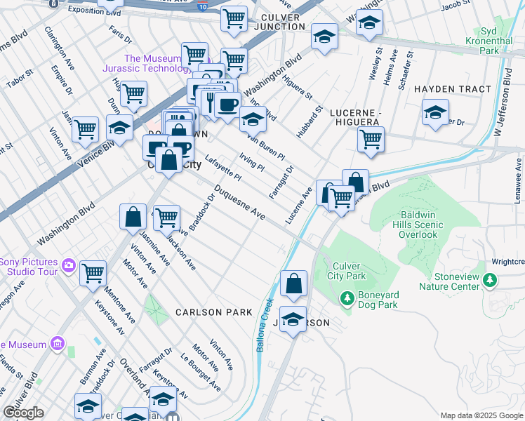 map of restaurants, bars, coffee shops, grocery stores, and more near 4185 Duquesne Avenue in Culver City