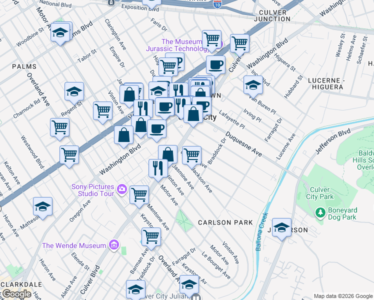 map of restaurants, bars, coffee shops, grocery stores, and more near 4017 La Salle Avenue in Culver City