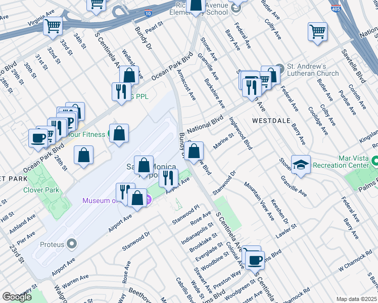 map of restaurants, bars, coffee shops, grocery stores, and more near 3031 Grand View Boulevard in Los Angeles