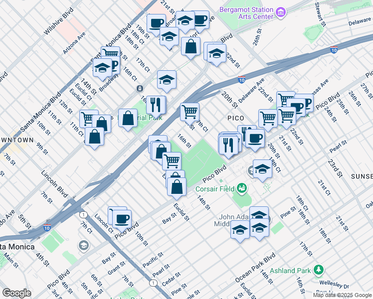 map of restaurants, bars, coffee shops, grocery stores, and more near 1848 16th Street in Santa Monica