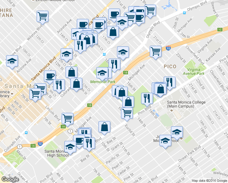 map of restaurants, bars, coffee shops, grocery stores, and more near in Santa Monica